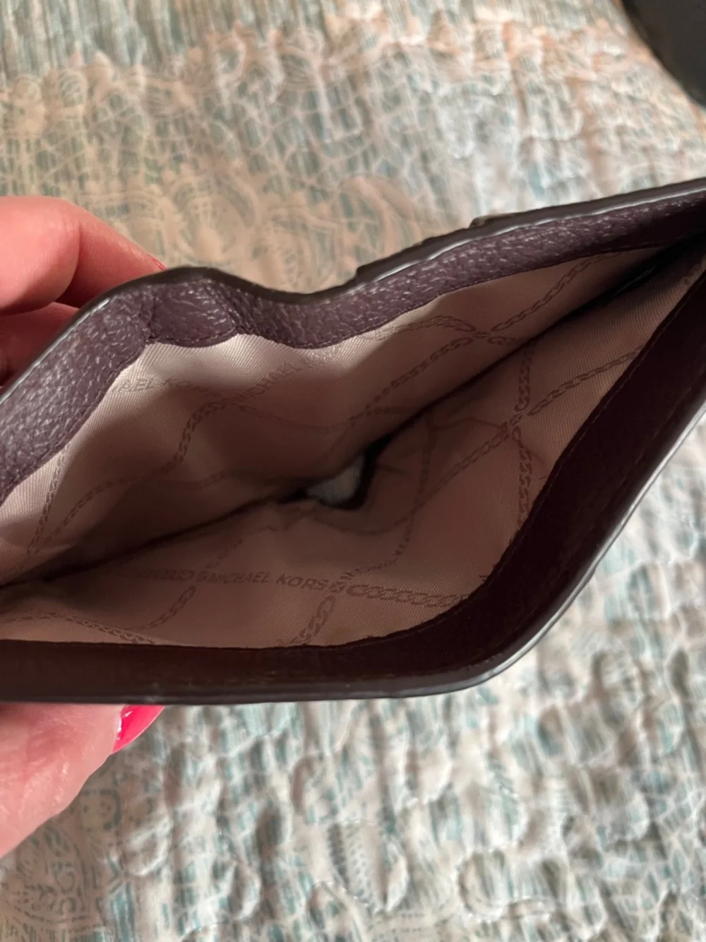 Michael Kors Pebbled Envelope Wallet in Dark Brown / Plum with Gold MK Hardware